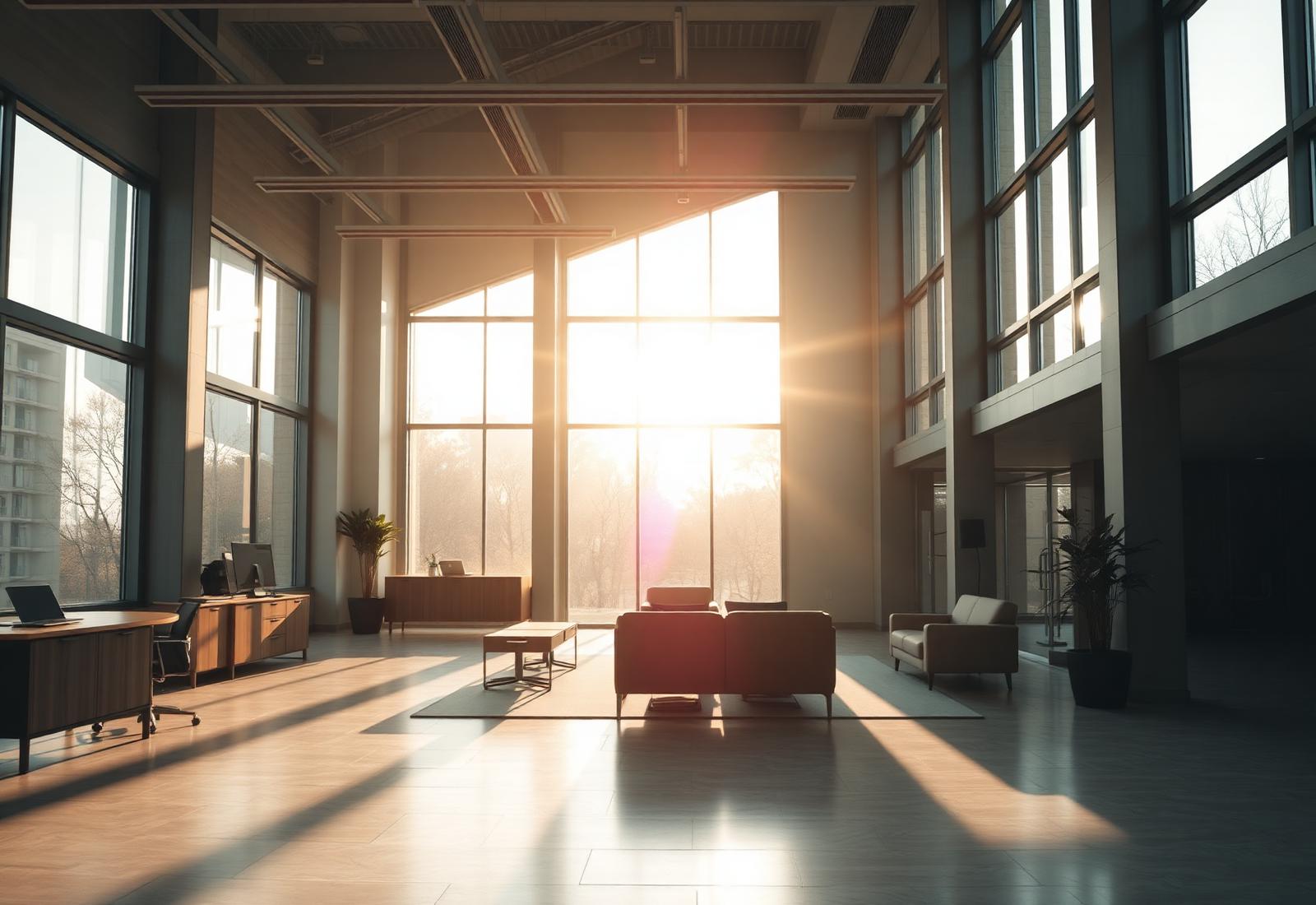 Warm interior of a modern consulting office at sunrise