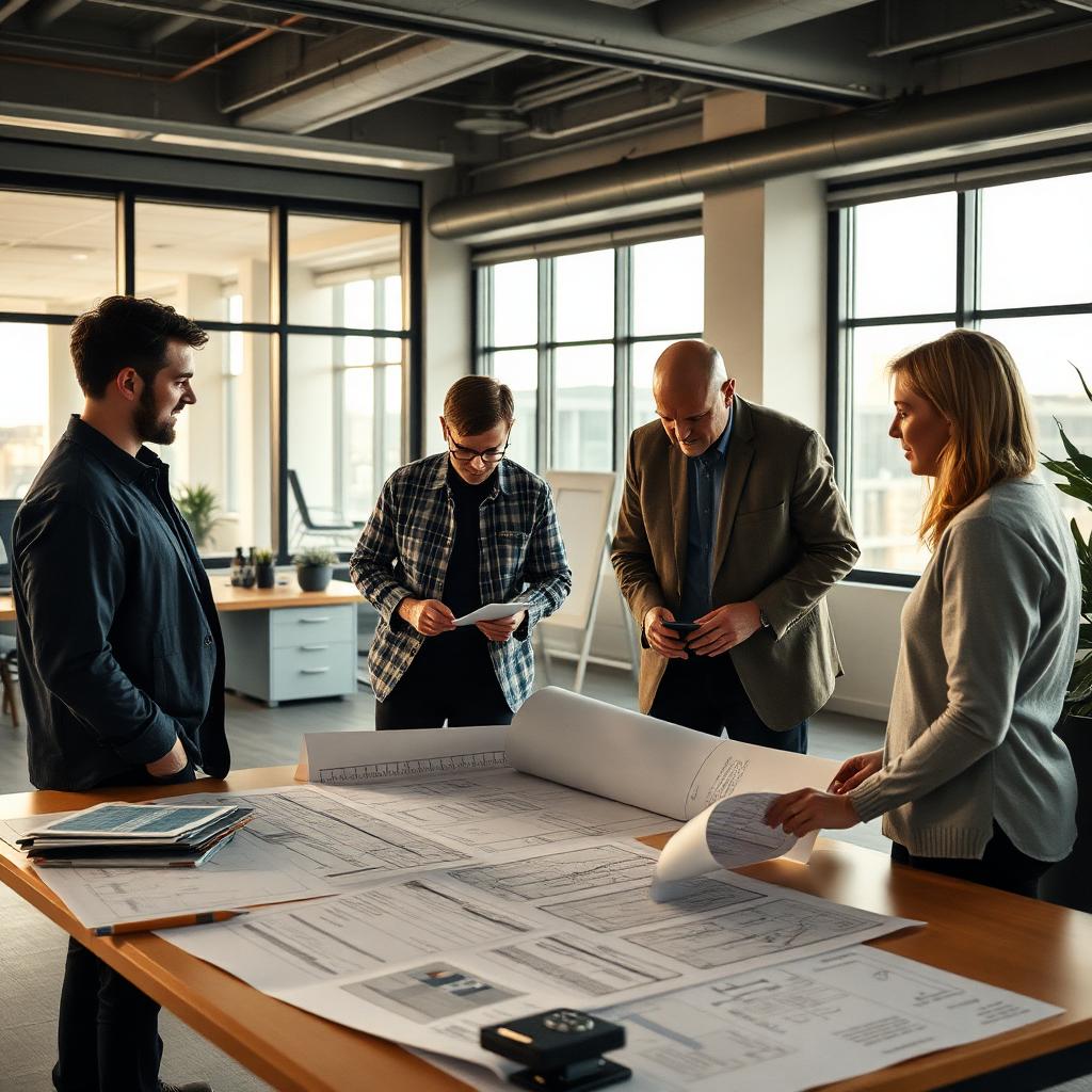 Consultants reviewing project plans in a bright office