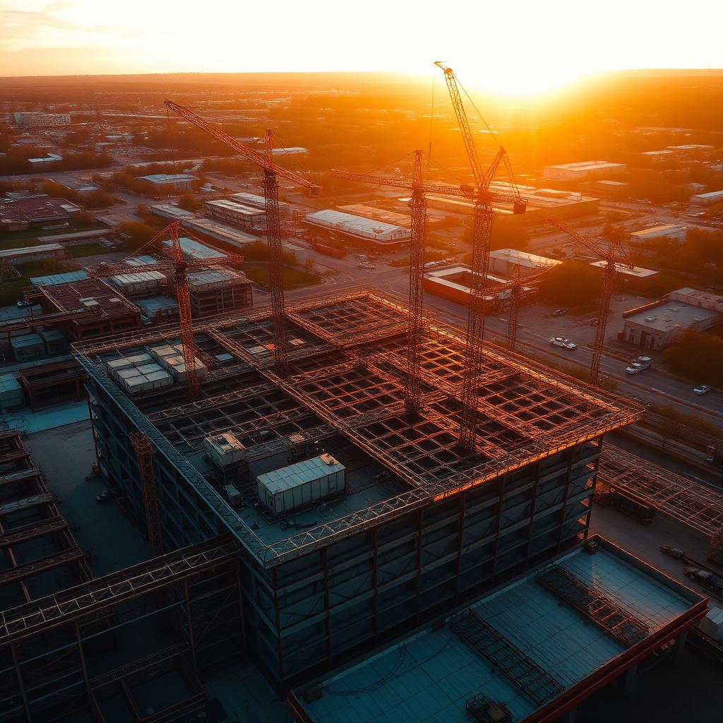 Aerial view of a large construction site at golden hour
