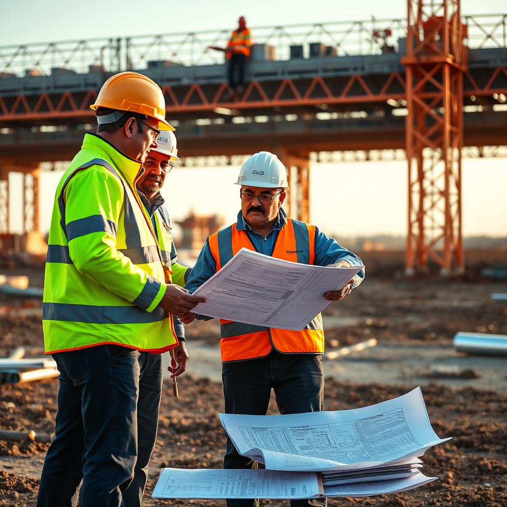 Engineers reviewing plans on a bridge construction site