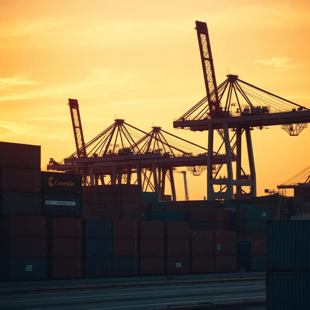 Container port with cranes at sunrise