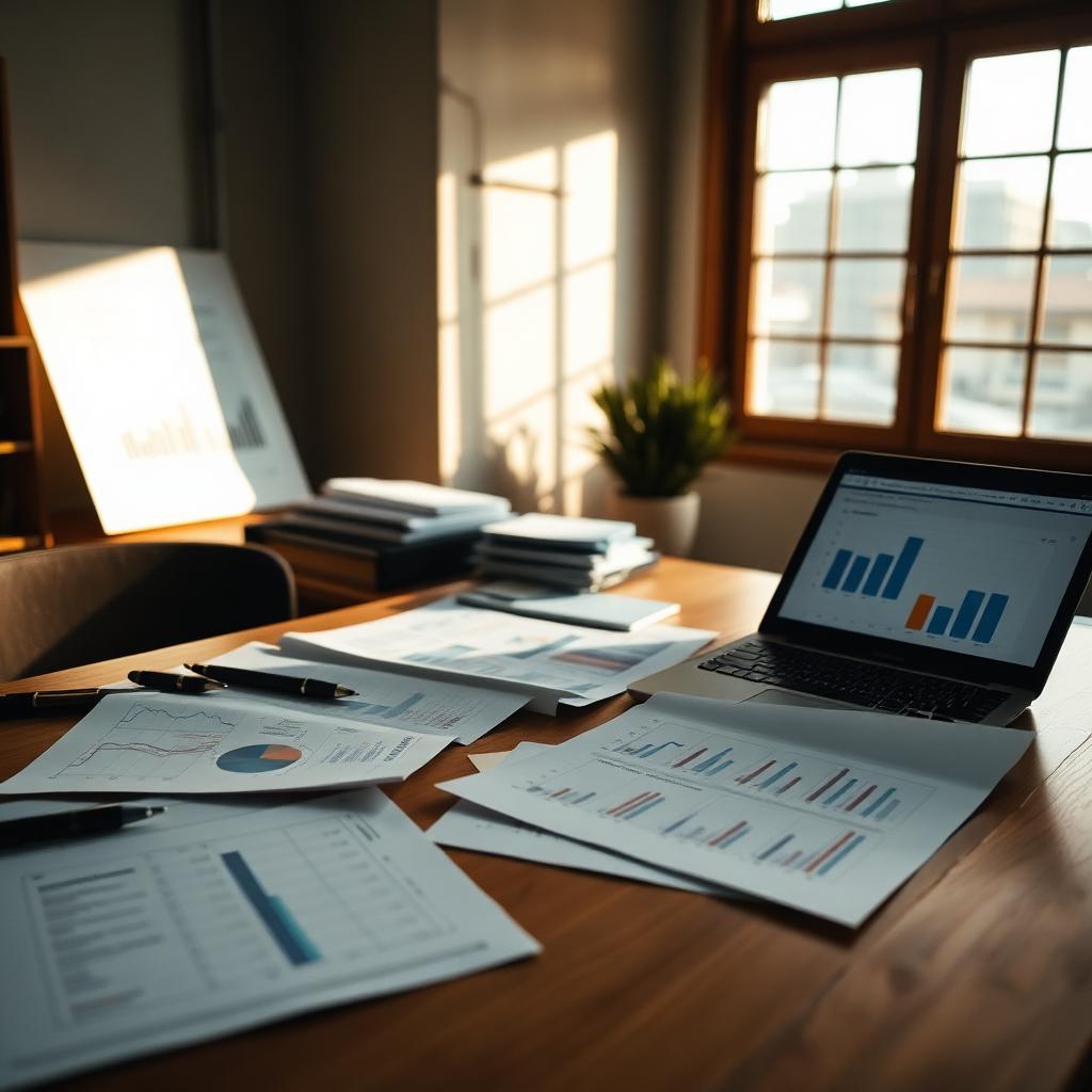 Financial documents, laptop and charts on a wooden desk