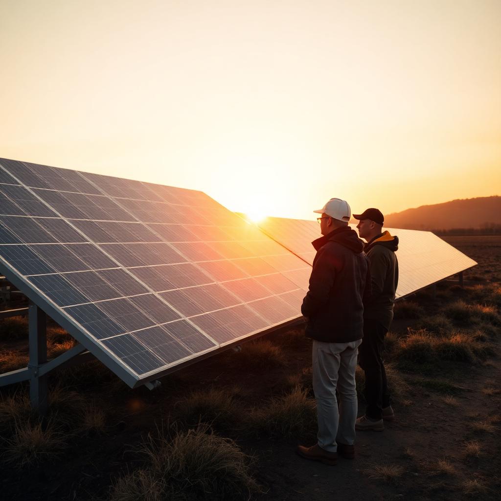 Local engineers inspecting a community solar installation at sunset