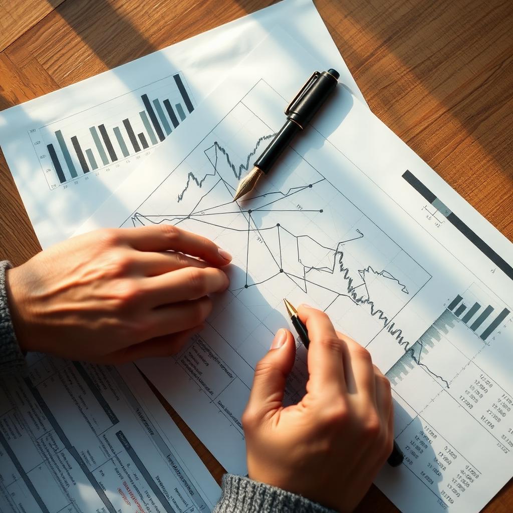Hands sketching a financial diagram on tracing paper next to charts
