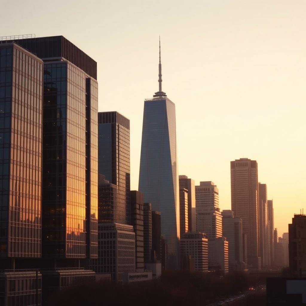 Modern financial district skyline at dusk