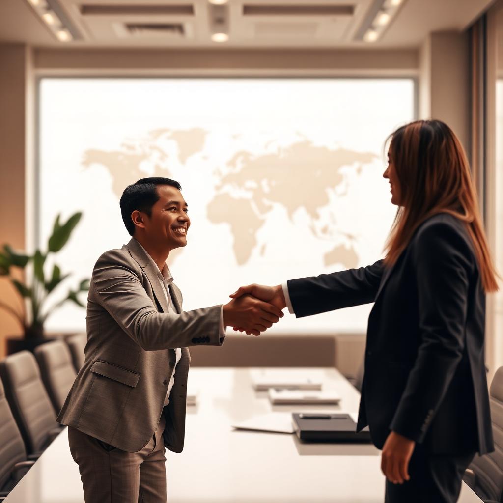 Two professionals shaking hands in a bright modern meeting room