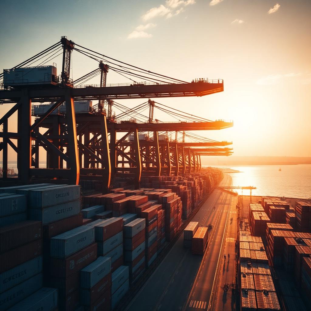 Aerial view of a container port at golden hour with cranes and stacked containers