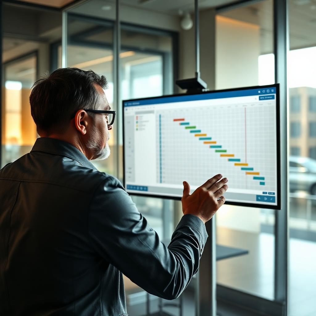 Senior project manager reviewing a Gantt chart on a large monitor